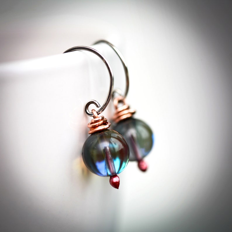 Blue Morpho Artisan Glass Mixed Metal Copper and Sterling Earrings image 2