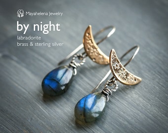 By Night - Labradorite and Brass Moons Sterling Silver Earrings