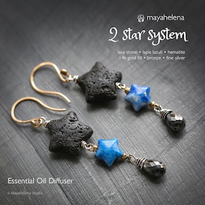 Lava Stone Lapis Lazuli Star Hematite Bronze Sterling Silver Diffuser Earrings - Two Star System