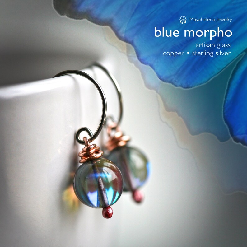 Blue Morpho Artisan Glass Mixed Metal Copper and Sterling Earrings image 1