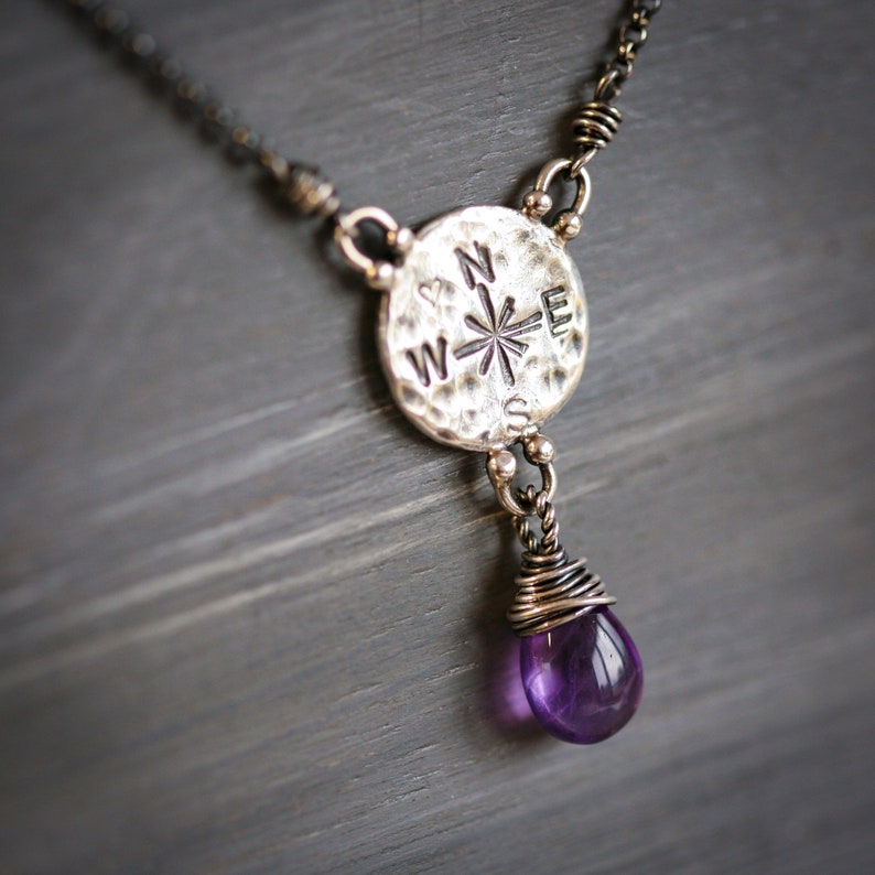Find Your Way Amethyst with Compass Charm Sterling Silver Necklace image 4