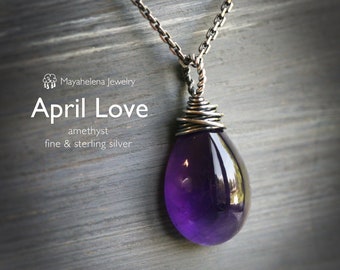 April Love - Smooth Purple Amethyst Solitaire Wire Wrapped Sterling Silver Necklace - February Birthstone