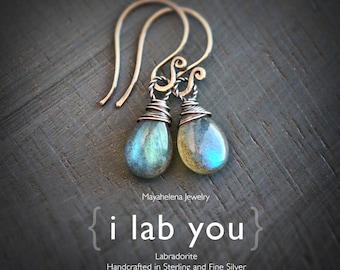 I lab you  - Smooth Labradorite Briolettes Sterling Silver Wire Wrapped Earrings