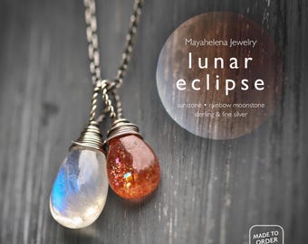 Lunar Eclipse - Moonstone and Sunstone Wire Wrapped Sterling Silver Necklace