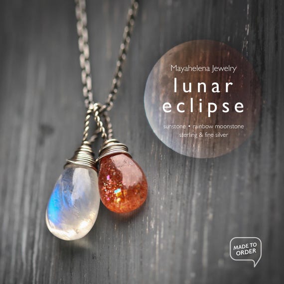 Lunar Eclipse - Moonstone and Sunstone Wire Wrapped Sterling