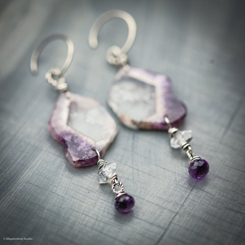 Thru the Looking Glass Chevron Amethyst Slices Riveted Sterling Silver Earrings image 2