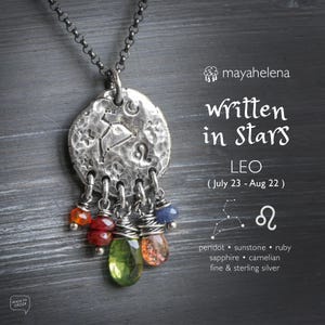 Geschreven in sterren - Leeuw - sterrenbeeld Peridot-granaat sterlingzilveren ketting