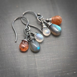 The Equinox Labradorite Moonstone and Sunstone Wire Wrapped Sterling Silver Earrings image 2