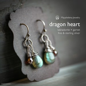 Dragon&#39;s Heart - Labradorite and Garnet Wire Wrapped Sterling Silver Earrings