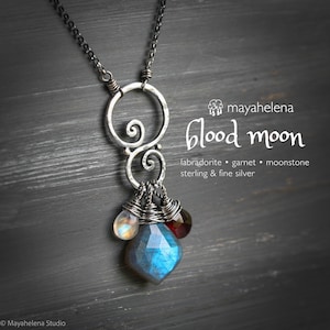 Blood Moon Talisman - Labradorite Garnet Moonstone Sterling Silver Charm Necklace Pendant