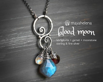 Blood Moon Talisman - Labradorite Garnet Moonstone Sterling Silver Charm Necklace Pendant