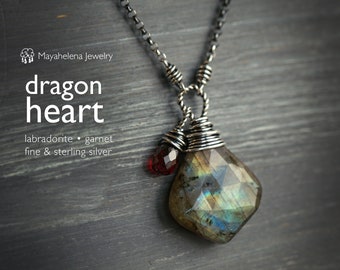Dragon Heart - Labradorite and Garnet Wire Wrapped Sterling Silver Necklace