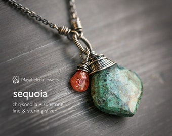 Sequoia - Chrysocolla and Sunstone Wire Wrapped Sterling Silver Necklace