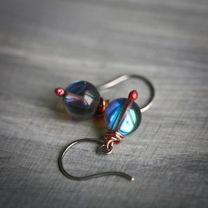 Blue Morpho Artisan Glass Mixed Metal Copper and Sterling Earrings image 4