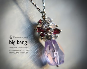 Big Bang - Lavender Amethyst Labradorite Garnet Aquamarine Sterling Silver Necklace
