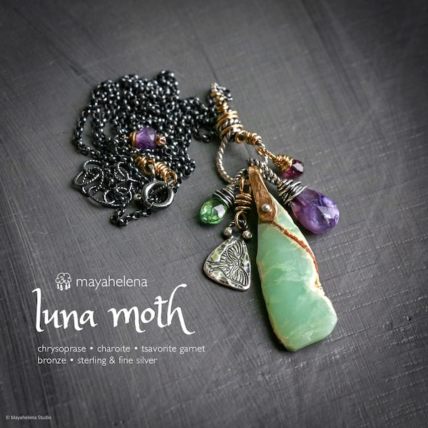 Luna Moth - Chrysoprase Chariot Tsavorite Garnet Bronze Sterling Silver Charm Necklace Pendant