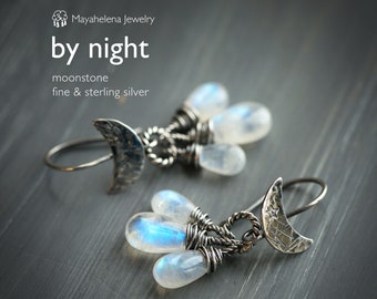 By Night - Moonstone and Moons Sterling Silver Earrings