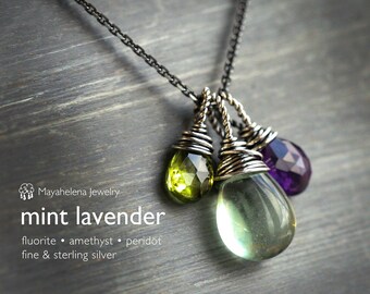 Mint Lavender Gemstone Trio - Green Fluorite, Amethyst and Peridot Sterling Silver Wire Wrapped Necklace