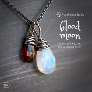 Blood Moon Rainbow Moonstone Red Garnet Sterling Silver Charm Necklace