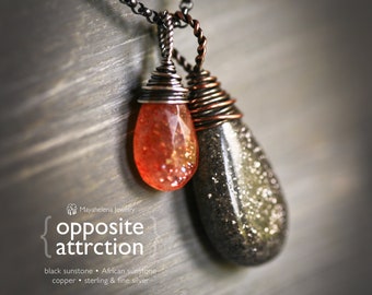 Opposite Attraction - Black and African Sunstone Sterling Silver and Copper Crystal Charm Necklace