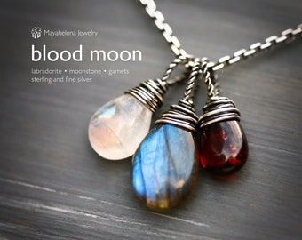 Blood Moon  -  Labradorite, Moonstone and Garnet Wire Wrapped Sterling Silver Necklace