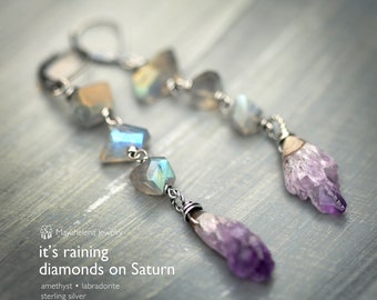 It's Raining Diamonds on Saturn - Labradorite and Amethyst Points Sterling Silver Earrings