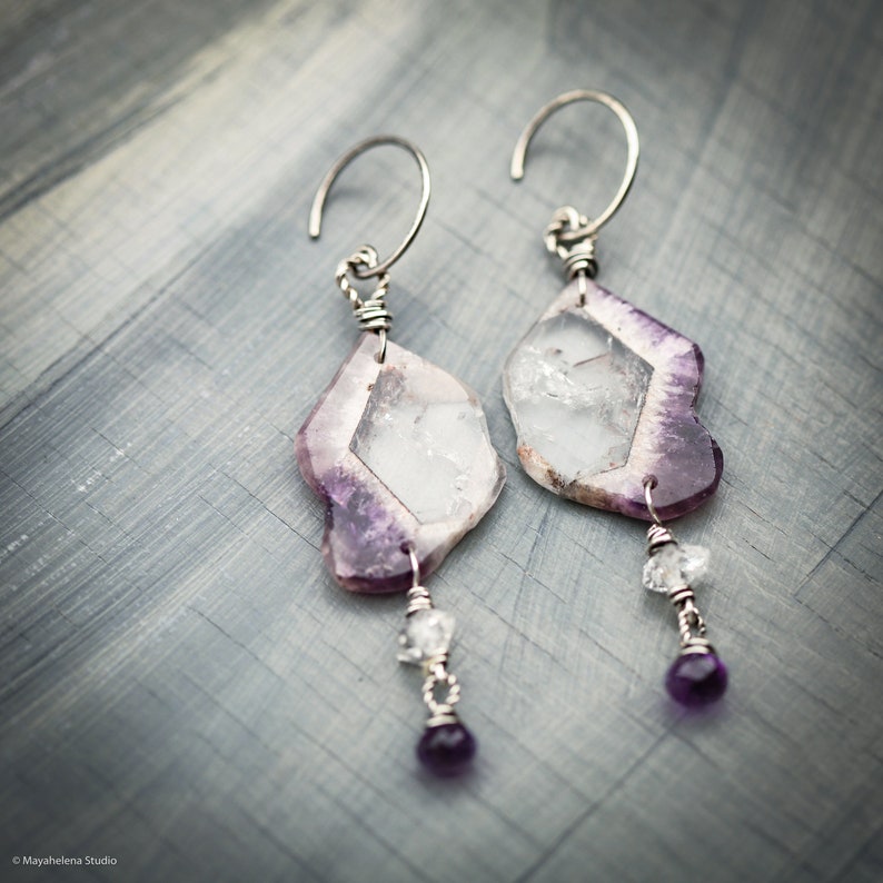 Thru the Looking Glass Chevron Amethyst Slices Riveted Sterling Silver Earrings image 5