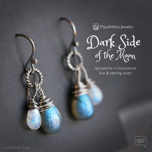 Dark Side of the Moon - Labradorite and Moonstone Wire Wrapped Sterling Silver Earrings