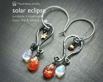 Solar Eclipse - Sunstone Moonstone Sterling Silver Earrings