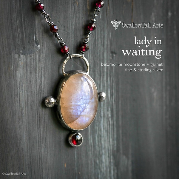 Lady in Waiting - Belomorite Moonstone and Garnet Sterling Silver Pendant