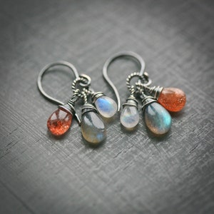 The Equinox Labradorite Moonstone and Sunstone Wire Wrapped Sterling Silver Earrings image 3