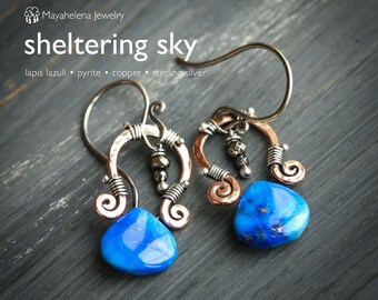 Sheltering Sky - Lapis Lazuli Pyrite Copper and Sterling Silver Earrings