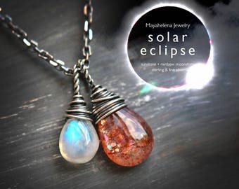 Solar Eclipse - Moonstone and Sunstone Wire Wrapped Sterling Silver Necklace
