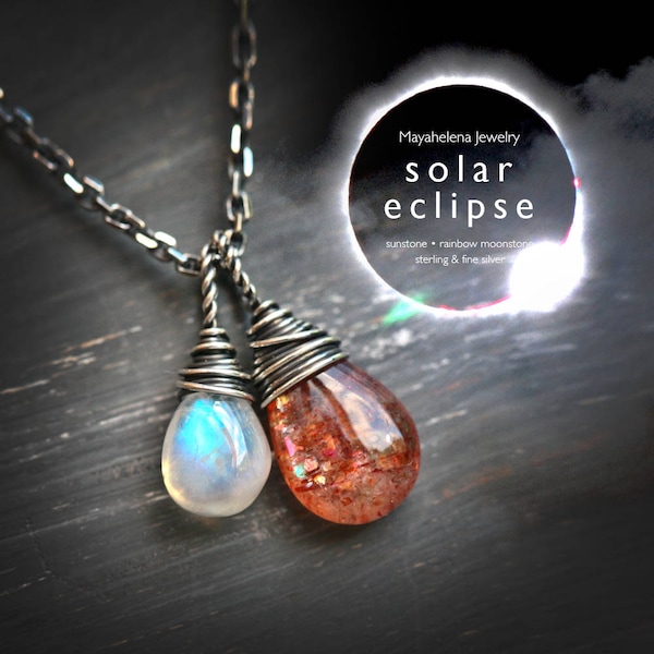 Eclipse solar - Collar de plata de ley envuelto en alambre de piedra lunar y piedra solar