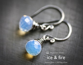 Of Fire & Ice - Opalite - Wire Wrapped Briolette Oxidized Sterling Silver Dangle Earrings