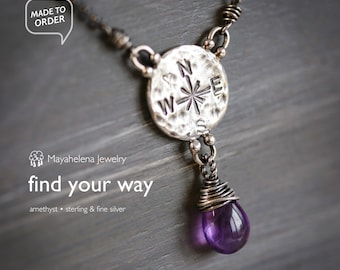 Find Your Way - Amethyst with Compass Charm Sterling Silver Necklace