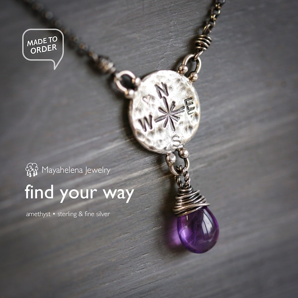 Find Your Way - Amethyst with Compass Charm Sterling Silver Necklace