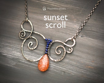 Sunset Scroll - Sunstone and Lapis Lazuli Wire Wrapped Sterling Silver Necklace