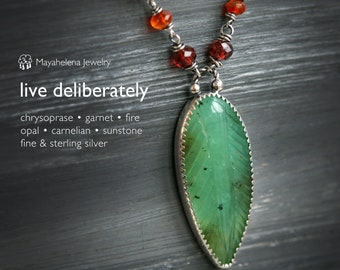 Live Deliberately - Green Chrysoprase Leaf Feather Garnet Carnelian Sunstone Fire Opal Sterling Silver Necklace