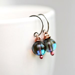 Blue Morpho Artisan Glass Mixed Metal Copper and Sterling Earrings image 3