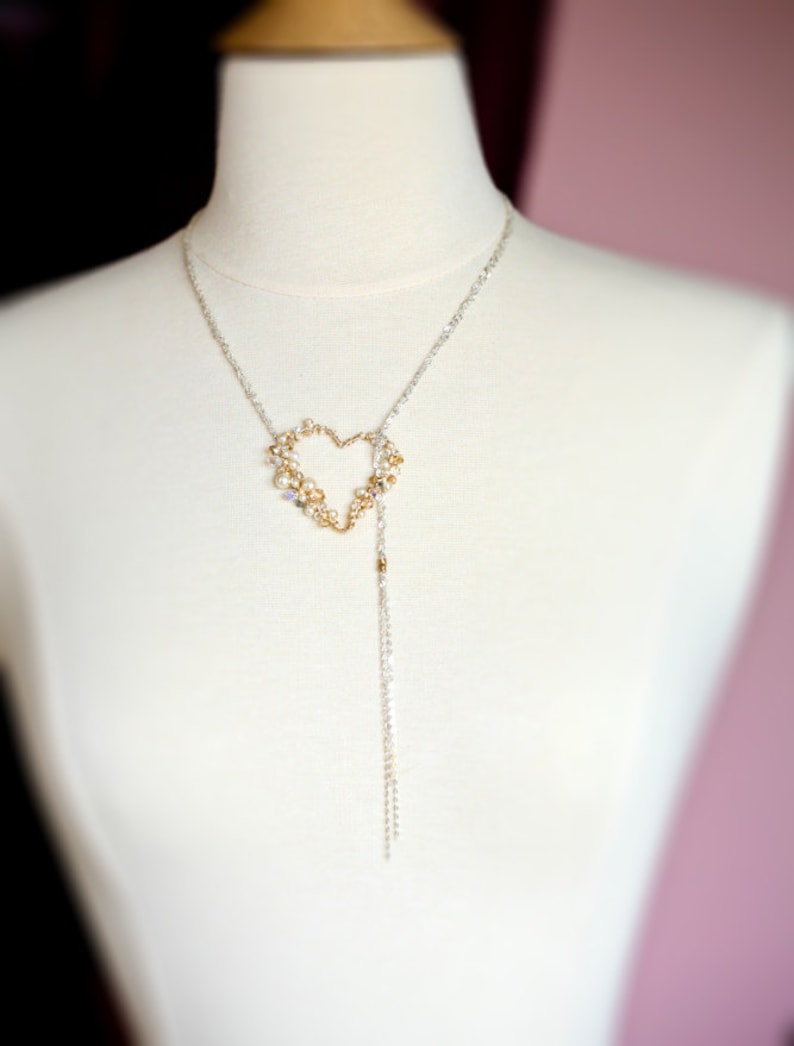 Pearl and Crystal Encrusted Sterling Gold Wire Wrapped Heart Lariat image 3