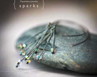 Sparks - Oxidized Sterling Silver and Crystal Modern Open Hoop Earrings