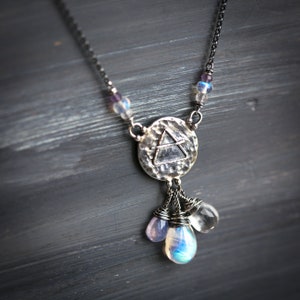 Elements: Air Rainbow Moonstone, Rock Crystal, lavender quartz with Alchemy Charm Sterling Silver Necklace image 3