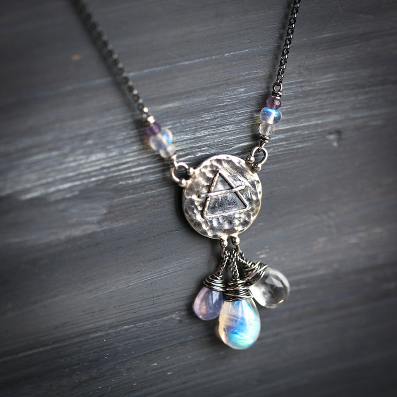 Elements: Air Rainbow Moonstone, Rock Crystal, lavender quartz with Alchemy Charm Sterling Silver Necklace image 3