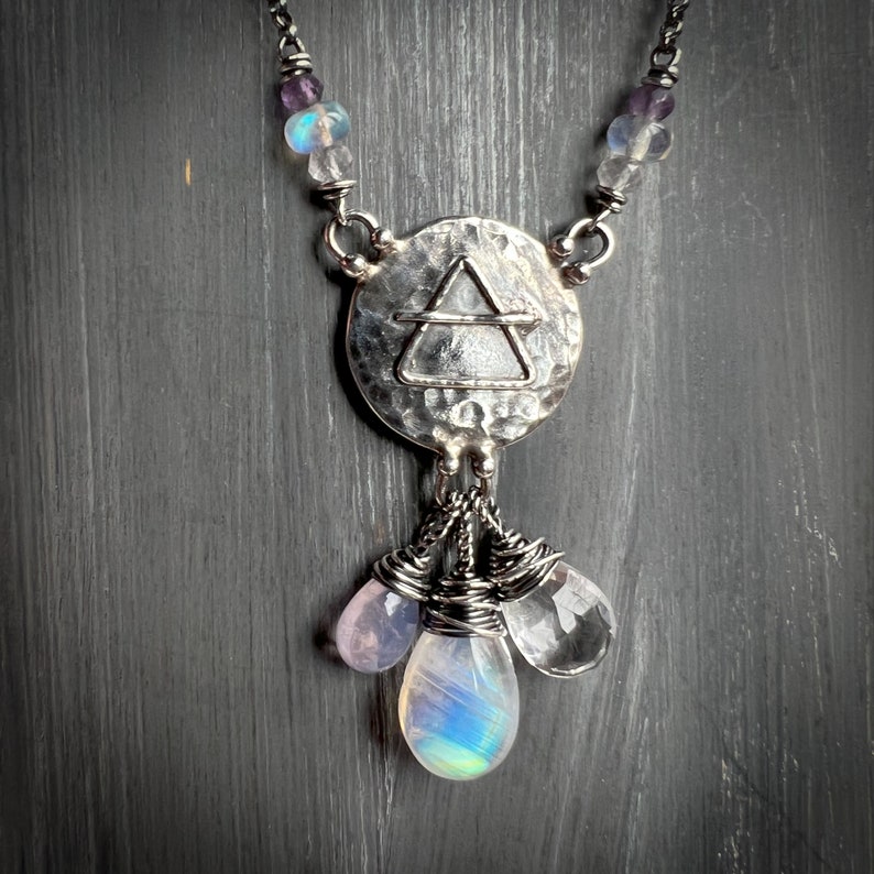 Elements: Air Rainbow Moonstone, Rock Crystal, lavender quartz with Alchemy Charm Sterling Silver Necklace image 4