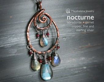 Nocturne - Labradorite and Garnet Wire Wrapped Sterling Silver Copper Necklace