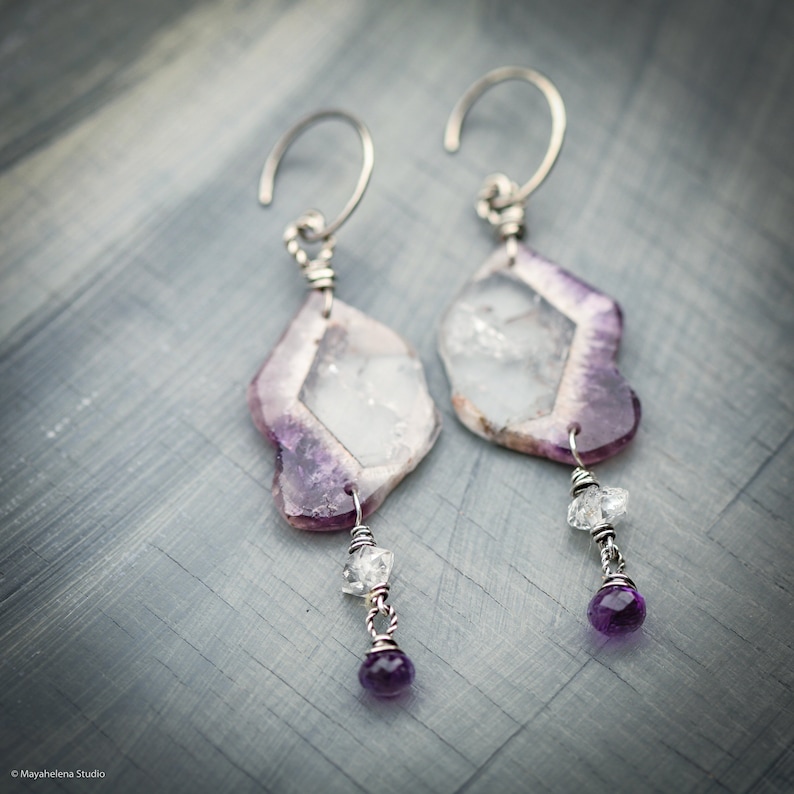 Thru the Looking Glass Chevron Amethyst Slices Riveted Sterling Silver Earrings image 4