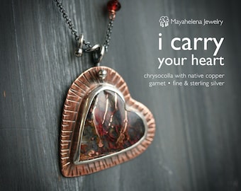 i carry your heart  Native Copper in Chrysocolla Heart  and Sterling Silver Pendant Valentine Gift