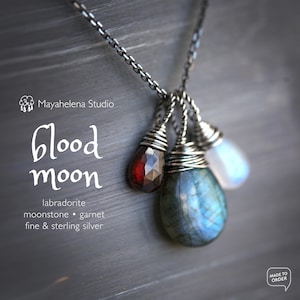 Blood Moon  -  Labradorite, Moonstone and Garnet Wire Wrapped Sterling Silver Necklace