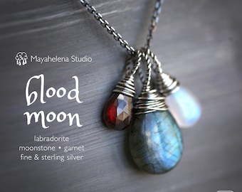 Blood Moon  -  Labradorite, Moonstone and Garnet Wire Wrapped Sterling Silver Necklace